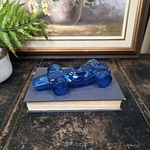 Vintage AVON Blue Glass Sure Winner Race Car After Shave Bottle 5.5 Fl Oz